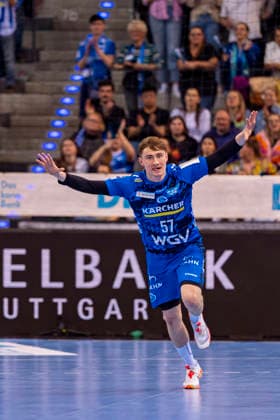 DAIKIN Handball Bundesliga TVB Stuttgart vs THW Kiel 05 03 2026 Stuttgart, GERMANY 05 March 2026 Jakob Nigg TVB Stuttgart, 57 celebrating a goal during the match between TVB Stuttgart and THW Kiel on matchday 24 of the Daikin Handball Bundesliga at the Porsche Arena Copyright: xBEAUTIFULxSPORTS Steinx