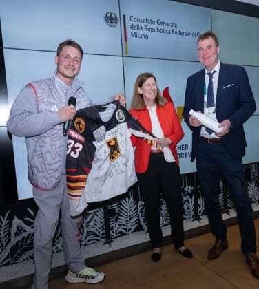 Invitation Consulate General - Millano Cortina 2026 Winter Paralympics: Day -1 Invitation Consulate General - Milano Cortina 2026 Winter Paralympics: Day -1 MILANO, ITALY - MARCH 5: Viale Francesco Restelli, 8 Consul General Ms Susanne Welter invited the Team Germany Paralympics based in Milano. The German Para Ice hockey, Eishockey Team and honorable members to Team Germany Paralympics have taken part. REIMANN, Leopold, WELTER, Susanne (Consul General Germany) and MICHELS, Hans-Joerg (President NPC Germany) (Photo by RALF KUCKUCK) Copyright 2026 Ralf Kuckuck