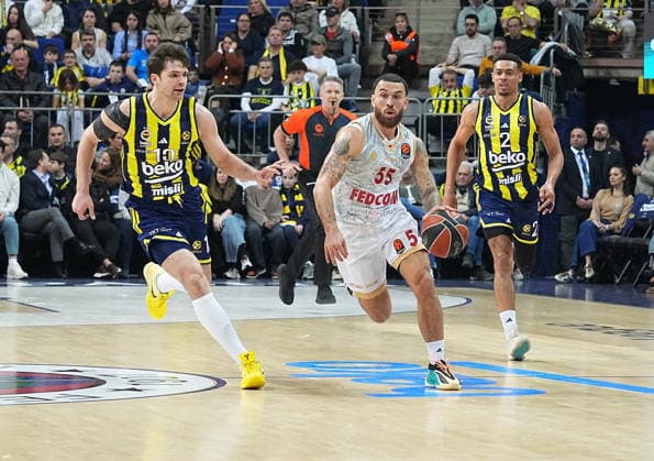 ISTANBUL, TURKEY - MARCH 5: Tarik Biberovic (13) of Fenerbahce Beko and Mike James (55) of Monaco in action during the EuroLeague match between Fenerbahce Beko Istanbul and AS Monaco at Ulker Sports Arena on March 5, 2026 in Istanbul, Turkey. Ä±STANBUL tURKEY Copyright: xSeskimphotox Fener-Monaco-050326 (39)