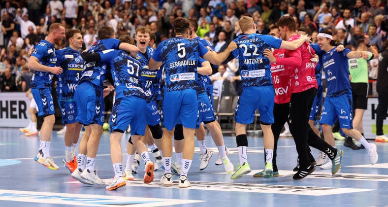 05 03 2026, Germany, Stuttgart, Handball Bundesliga, TVB Stuttgart vs THW Kiel, Stuttgart celebrating victory