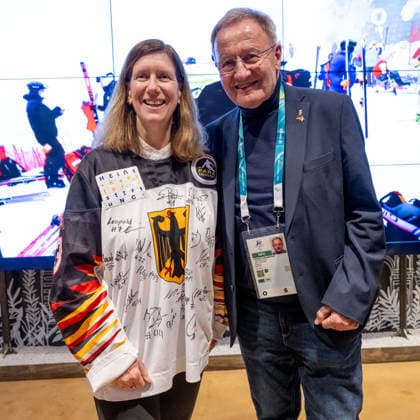 Invitation Consulate General - Millano Cortina 2026 Winter Paralympics: Day -1 Invitation Consulate General - Milano Cortina 2026 Winter Paralympics: Day -1 MILANO, ITALY - MARCH 5: Viale Francesco Restelli, 8 Consul General Ms Susanne Welter invited the Team Germany Paralympics based in Milano. The German Para Ice hockey, Eishockey Team and honorable members to Team Germany Paralympics have taken part. WELTER, Susanne (Consul General Germany) in her present shirt and BEUCHER, Friedhelm-Julius (NPC Germany) (Photo by RALF KUCKUCK) Copyright 2026 Ralf Kuckuck