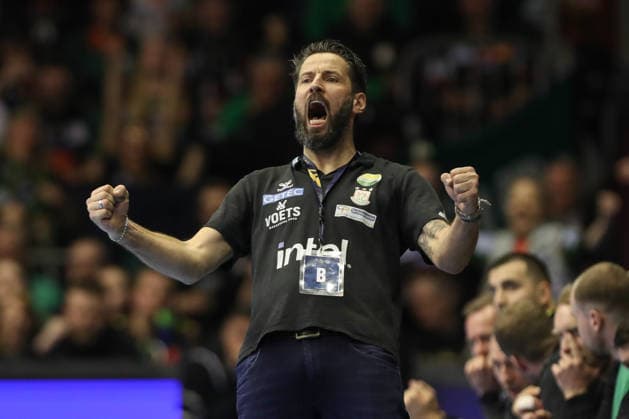 05 03 2026, xtgx, Handball, EHF Champions League, SC Magdeburg FC Barcelona v l Bennet Wiegert Magdeburg, coach jubilation, goal celebration, celebrate the goal, celebration Magdeubrg