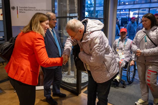 Invitation Consulate General - Millano Cortina 2026 Winter Paralympics: Day -1 Invitation Consulate General - Milano Cortina 2026 Winter Paralympics: Day -1 MILANO, ITALY - MARCH 5: Viale Francesco Restelli, 8 Consul General Ms Susanne Welter invited the Team Germany Paralympics based in Milano. The German Para Ice hockey, Eishockey Team and honorable members to Team Germany Paralympics have taken part. WELTER, Susanne (Consul General Germany) welcomes BEUCHER, Friedhelm-Julius (NPC Germany) (Photo by RALF KUCKUCK) Copyright 2026 Ralf Kuckuck