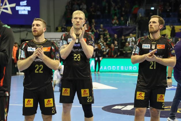05 03 2026, xgox, Handball EHF Champions League SC Magdeburg FC Barcelona v l Magnus Saugstrup Magdeburg, 23 , Lukas Mertens Magdeburg, 22 , Albin Lagergren Magdeburg, 21 disappointed, looks disappointed, disappointed Magdeburg
