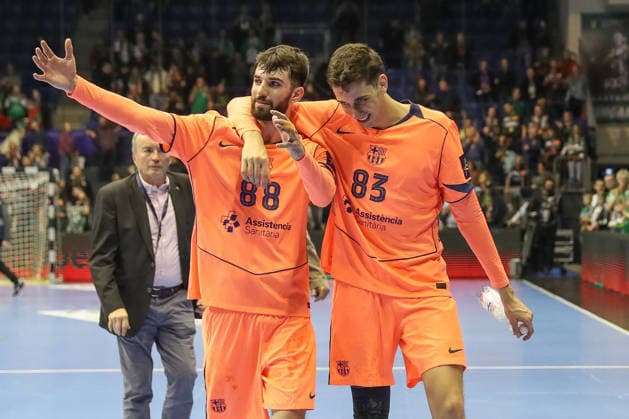 05 03 2026, xgox, Handball EHF Champions League SC Magdeburg FC Barcelona v l Petar Cikusa Barcelona, 88 , Ian Barrufet Barcelona, 83 Celebrating the victory, cheering after the end of the game Magdeburg