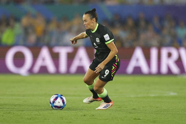 GOLD COAST, AUSTRALIA - MARCH 05 Caitlin Foord (9 Australia) runs with the ball during the Womens Asian Cup match between Islamic Republic of Iran and Australia at the Gold Coast Stadium on March 05 2026 in Gold Coast, Australia Copyright: xMatthewxStarlingx xSPPx Sportspressphoto_SPR102842