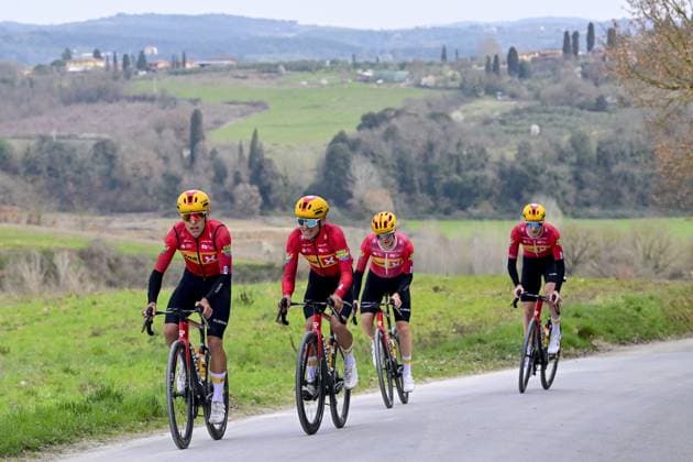 Uno-X Mobility riders pictured during a training ahead of the Strade Bianche one day cycling race from and to Siena, Italy, Friday 06 March 2026. DIRKxWAEM  x166633873x