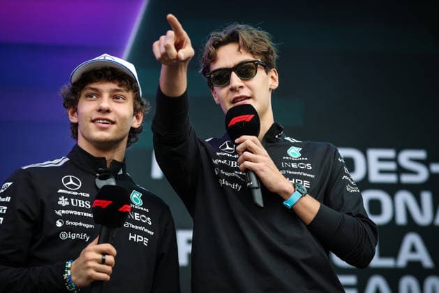 March 6, 2026, Melbourne, Victoria, Australia: MELBOURNE, AUSTRALIA - MARCH 06 2026: Kimi Antonelli and George Russell of Mercedes-AMG Petronas F1 Team during the fan forum at the 2026 Australian Grand Prix at Albert Park in Melbourne, Australia 2026 Formula 1 Australian Grand Prix - Friday  - ZUMAp121 20260306_zsp_p121_079 Copyright: xChrisxPutnamx