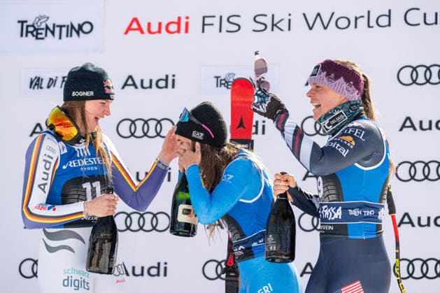 INVERNALI - Alpine Skiing - Audi FIS Ski World Cup - Women s Downhill Emma Aicher (GER), Laura Pirovano (ITA) and Breezy Johnson (USA) spraying champagne during Audi FIS Ski World Cup - Women s Downhill, Alpine Skiing race in Val di Fassa, Italy, March 06 2026 Val di Fassa Italy  Copyright: xIPAxSport ABACAx