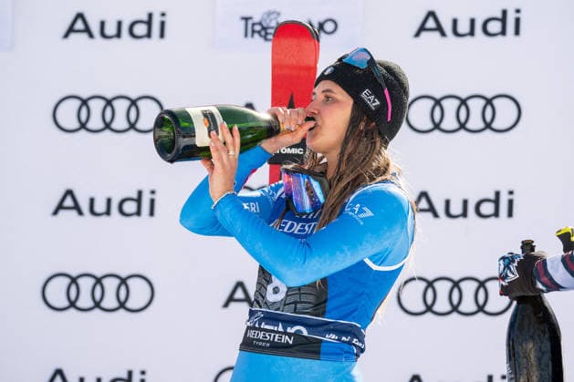 INVERNALI - Alpine Skiing - Audi FIS Ski World Cup - Women s Downhill Laura Pirovano (ITA) drinking champagne during Audi FIS Ski World Cup - Women s Downhill, Alpine Skiing race in Val di Fassa, Italy, March 06 2026 Val di Fassa Italy  Copyright: xIPAxSport ABACAx