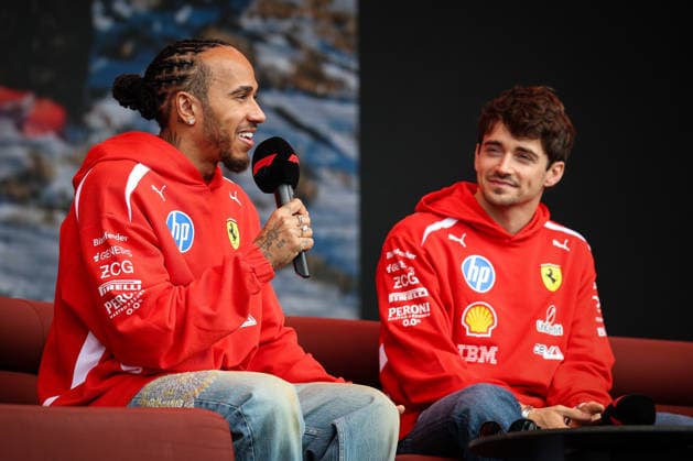 March 6, 2026, Melbourne, Victoria, Australia: MELBOURNE, AUSTRALIA - MARCH 06 2026: Lewis Hamilton and Charles LeClerc of Scuderia Ferrari HP during the fan forum at the 2026 Australian Grand Prix at Albert Park in Melbourne, Australia Melbourne Australia - ZUMAp121 20260306_zsp_p121_112 Copyright: xChrisxPutnamx