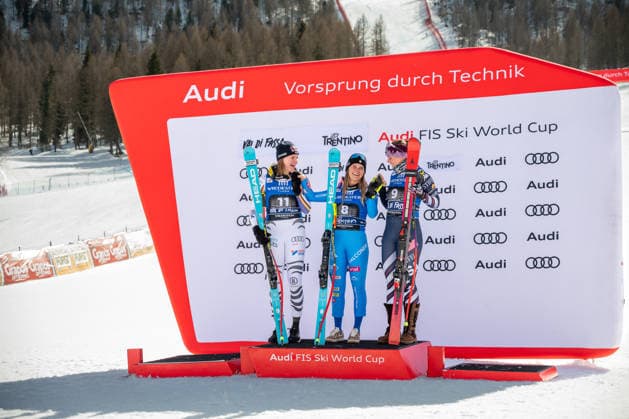 Emma Aicher (GER), Laura Pirovano (ITA) and Breezy Johnson (USA) on the podium during Audi FIS Ski World Cup - Women s Downhill, Alpine Skiing race in Val di Fassa, Italy, March 06 2026  Copyright: xElenaxPrati IPAxSportx xipa-agency.netx xx IPA_72458029 IPA_Agency_IPA72458029