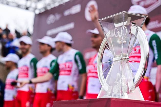 The Strade Bianche trophy pictured at the team presentations ahead of the Strade Bianche one day cycling race from and to Siena, Italy, Friday 06 March 2026. DIRKxWAEM  x166659513x