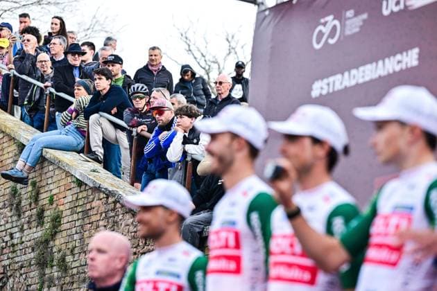 fans pictured during the team presentations ahead of the Strade Bianche one day cycling race from and to Siena, Italy, Friday 06 March 2026. DIRKxWAEM  x166659532x