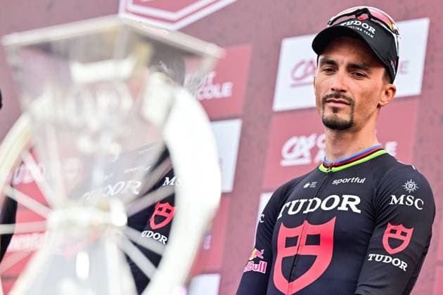 French Julian Alaphilippe of Tudor Pro Cycling Team pictured during the team presentations ahead of the Strade Bianche one day cycling race from and to Siena, Italy, Friday 06 March 2026. DIRKxWAEM  x166661485x