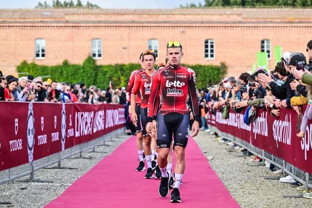 British Matthew Fox of Lotto Intermarche pictured during the team presentations ahead of the Strade Bianche one day cycling race from and to Siena, Italy, Friday 06 March 2026. DIRKxWAEM  x166661659x