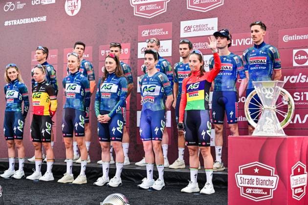 Riders of AG Insurance - Soudal Team pictured during the team presentations ahead of the Strade Bianche one day cycling race from and to Siena, Italy, Friday 06 March 2026. DIRKxWAEM  x166663748x