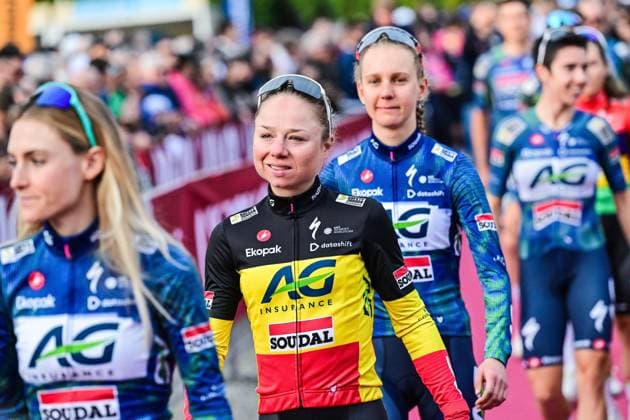 Belgian Justine Ghekiere of AG Insurance-Soudal Team pictured during the team presentations ahead of the Strade Bianche one day cycling race from and to Siena, Italy, Friday 06 March 2026. DIRKxWAEM  x166664013x