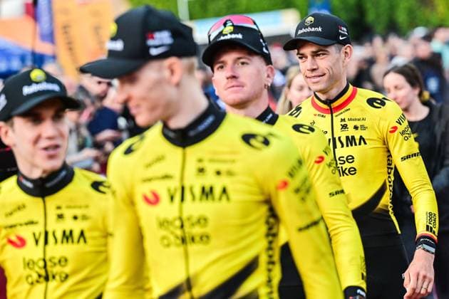 Belgian Wout Van Aert of Team Visma-Lease a Bike pictured during the team presentations ahead of the Strade Bianche one day cycling race from and to Siena, Italy, Friday 06 March 2026. DIRKxWAEM  x166664118x