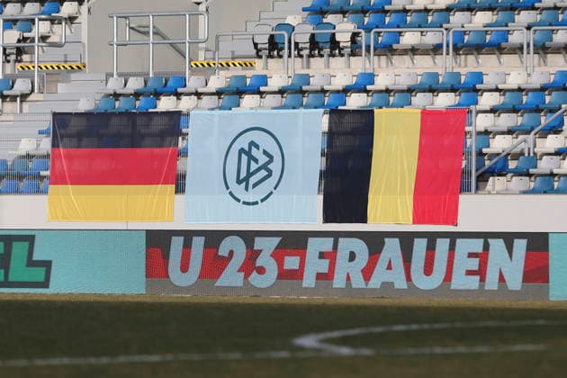 With the name U23 Frauen on the banner in front during the match between Germany U23 and Belgium U23 at Lohrheidestadion on March 06, 2026 in Bochum, Germany Photo by Oliver Kaelke DeFodi Images The flags of Germany and Belgium are visible, with the name U23 Frauen on the banner in front during the match between Germany and Belgium at Lohrheidestadion on March 6, 2026 in Bochum, Germany Photo by Oliver Kaelke DeFodi Images DFL regulations prohibit any use of photographs as image sequences and or quasi video Photo by Oliver Kaelke DeFodi Images