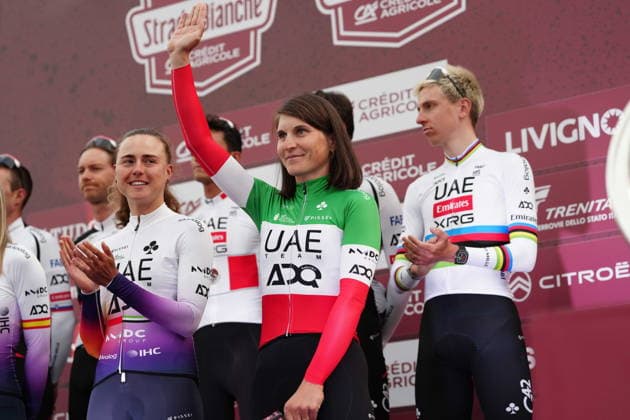 Elisa Longo Borghini and Tadej Pogac UAE TEAM ADQ UAE TEAM EMIRATES during the team presentation of the Strade Bianche e Strade Bianche Women cycling race in Siena - Tuscany - Italy - Friday, March 6 2026. - cycling  Copyright: xPaolone xLaPressex