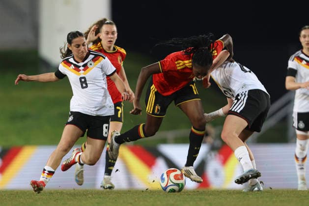 Ilayda Acikgöz Germany , Veronique Zang Bikoula Belgium and Julia Landenberger Germany battle for the ball during the match between Germany U23 and Belgium U23, Lohrheidestadion on 06 March 2026 in Bochum, Germany Photo by Oliver Kaelke DeFodi Images Ilayda Acikgöz Germany , Veronique Zang Bikoula Belgium and Julia Landenberger Germany battle for the ball during the match between Germany and Belgium at Lohrheidestadion on March 6, 2026 in Bochum, Germany Photo by Oliver Kaelke DeFodi Images DFL regulations prohibit any use of photographs as image sequences and or quasi video Photo by Oliver Kaelke DeFodi Images