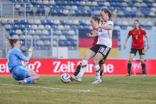 Soccer Women U23 international match Germany Belgium on 06 03 2026 at Lohrheidestadion in Bochum Aude Waldbillig Belgium , left Luca Birkholz Germany , right DFB regulations prohibit any use of photographs as image sequences and or quasi video xJRx
