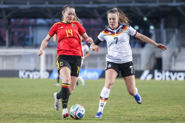 Soccer Women U23 international match Germany Belgium on 06 03 2026 at Lohrheidestadion in Bochum Sterre Gielen Belgium , left Mara Alber Germany , right DFB regulations prohibit any use of photographs as image sequences and or quasi video xJRx