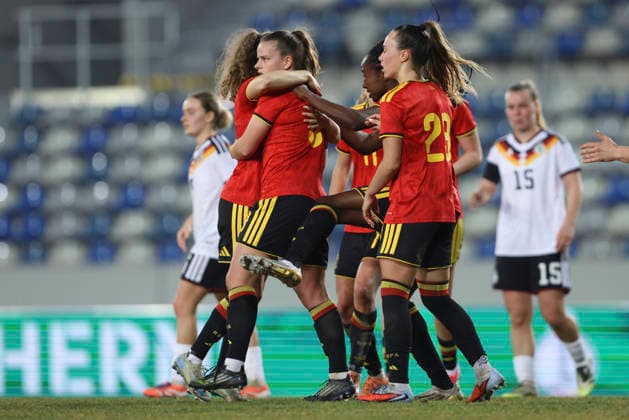 Karlijn Helsen Belgium celebrates after scoring his team s first goal with teammates during the match between Germany U23 and Belgium U23 at Lohrheidestadion on March 06, 2026 in Bochum, Germany, Germany Photo by Oliver Kaelke DeFodi Images Karlijn Helsen Belgium celebrates after scoring his team s first goal with teammates during the match between Germany and Belgium at Lohrheidestadion on March 6, 2026 in Bochum, Germany Photo by Oliver Kaelke DeFodi Images DFL regulations prohibit any use of photographs as image sequences and or quasi video Photo by Oliver Kaelke DeFodi Images