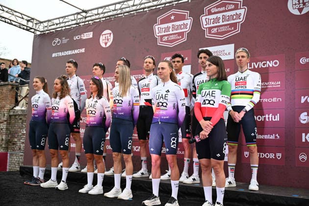 06-03-2026 Presentazione Squadre Strade Bianche 2026; 2026, Uae Emirates - Xrg; Pogacar, Tadej; Longo Borghini, Elisa; Siena; 