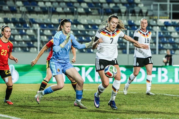 Sport, Football, U23 Womens National Team Season 2025 2026 International match Germany U23 Belgium U23 06 03 2026, Lohrheidestadion Aude Waldbillig Belgium, 1 Mara Alber Germany, 7 Bochum Wattenscheid Lohrheidestadion Nordrhein Westfalen Germany
