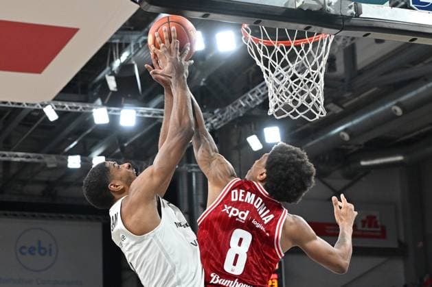 BAMBERG 06 03 2026 Basketball easycredit 1 Basketball Bundesliga 22 Matchday Bamberg Baskets vs Basketball Lions Braunschweig David NGuessan 1, Basketball Lions Braunschweig vs Demarcus Demonia 8, Bamberg Baskets Bamberg Baskets vs Basketball Lions Braunschweig