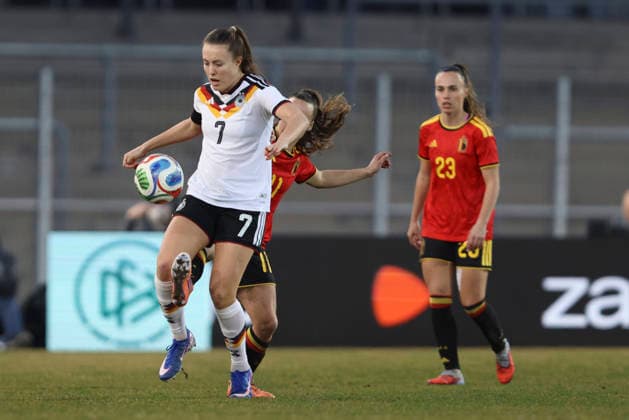 Mara Alber Germany and Jasmien Mathys Belgium in a duel during the match between Germany U23 and Belgium U23, Lohrheidestadion on 06 March 2026 in Bochum, Germany Photo by Oliver Kaelke DeFodi Images Mara Alber Germany and Jasmien Mathys Belgium battle for the ball during the match between Germany and Belgium at Lohrheidestadion on March 6, 2026 in Bochum, Germany Photo by Oliver Kaelke DeFodi Images DFL regulations prohibit any use of photographs as image sequences and or quasi video Photo by Oliver Kaelke DeFodi Images