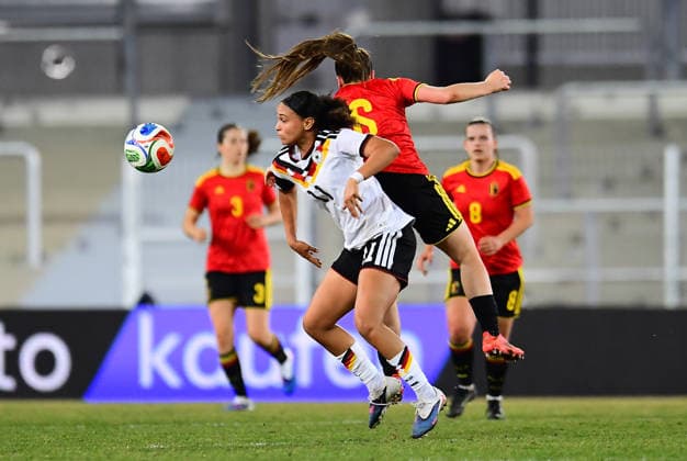Soccer Women U23 international match Germany Belgium on 06 03 2026 at Lohrheidestadion in Bochum Wattenscheid Lisa Baum Germany , in front Lena Hubaut Belgium , above DFB regulations prohibit any use of photographs as image sequences and or quasi video Nordrhein Westfalen Germany