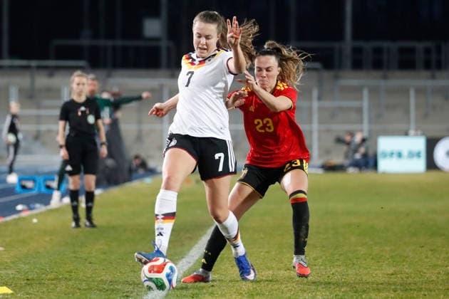 Wattenscheid, Germany 06 March 2026 Womens U23 international match 2025 2026 Germany vs Belgium Pictured from left in a duel Mara Alber Germany and Gaelle Nierynck Belgium Lohrheidestadion Nordrhein Westfalen Copyright: xFotostandx xvanxderxVeldenx