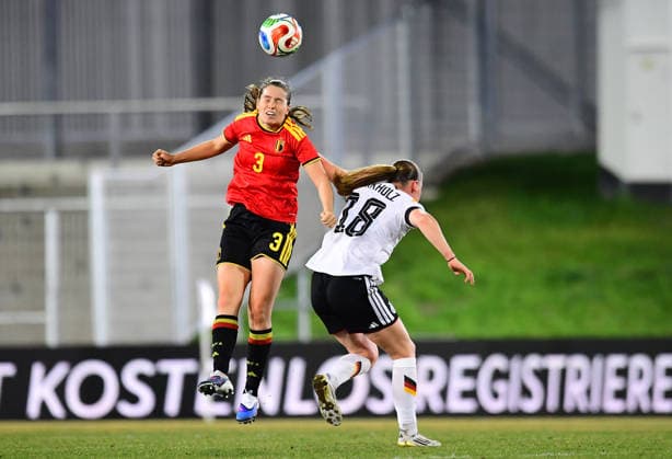 Soccer Women U23 international match Germany Belgium on 06 03 2026 at Lohrheidestadion in Bochum Wattenscheid Estee D Hooghe Belgium , left Luca Birkholz Germany , right DFB regulations prohibit any use of photographs as image sequences and or quasi video Nordrhein Westfalen Germany
