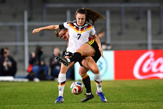 Soccer Women U23 international match Germany Belgium on 06 03 2026 at Lohrheidestadion in Bochum Wattenscheid Mara Alber Germany , front Karlijn Helsen Belgium , back DFB regulations prohibit any use of photographs as image sequences and or quasi video Nordrhein Westfalen Germany