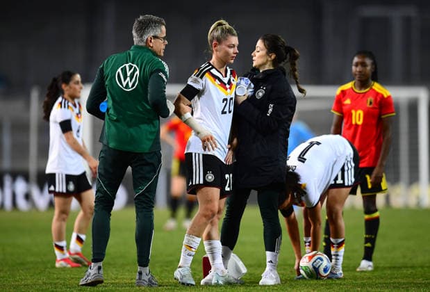 Soccer Women U23 international match Germany Belgium on 06 03 2026 at Lohrheidestadion in Bochum Wattenscheid Julia Landenberger Germany is treated on the pitch DFB regulations prohibit any use of photographs as image sequences and or quasi video North Rhine-Westphalia Germany