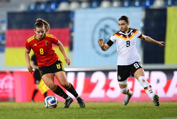 Soccer Women U23 international match Germany Belgium on 06 03 2026 at Lohrheidestadion in Bochum Wattenscheid Karlijn Helsen Belgium , left Sophie Weidauer Germany , right DFB regulations prohibit any use of photographs as image sequences and or quasi video Nordrhein Westfalen Germany