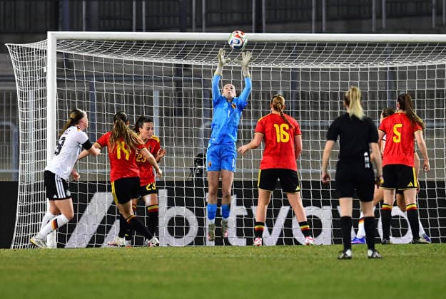 Soccer Women U23 international match Germany Belgium on 06 03 2026 at Lohrheidestadion in Bochum Wattenscheid Aude Waldbillig Belgium , mitte DFB regulations prohibit any use of photographs as image sequences and or quasi video Nordrhein Westfalen Germany