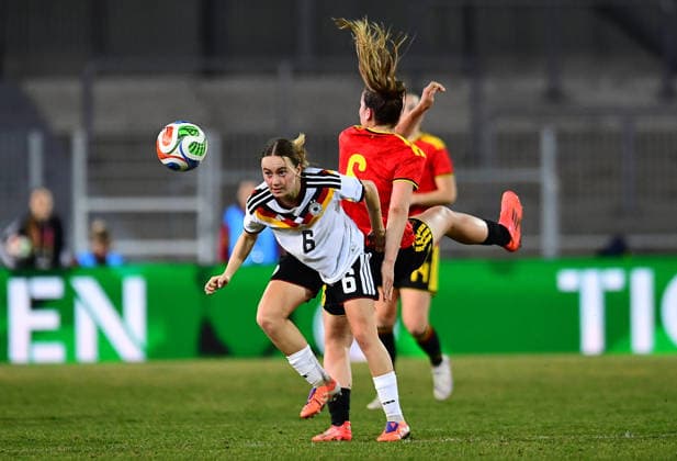 Soccer Women U23 international match Germany Belgium on 06 03 2026 at Lohrheidestadion in Bochum Wattenscheid Sofie Zdebel Germany , front Lena Hubaut Belgium , above DFB regulations prohibit any use of photographs as image sequences and or quasi video Nordrhein Westfalen Germany