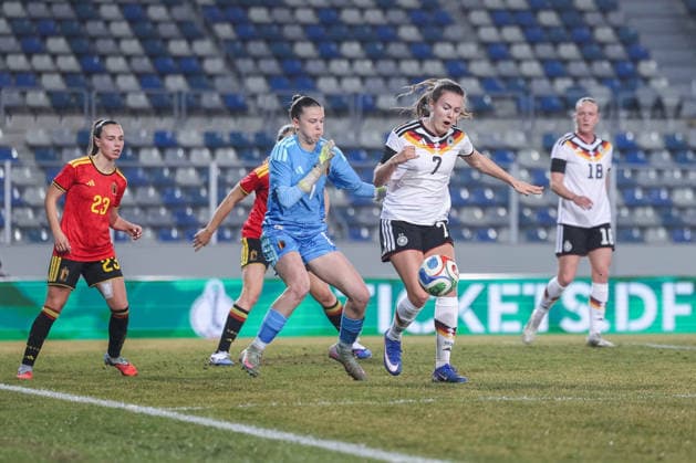 Soccer Women U23 international match Germany Belgium on 06 03 2026 at Lohrheidestadion in Bochum Aude Waldbillig Belgium , left Mara Alber Germany , right DFB regulations prohibit any use of photographs as image sequences and or quasi video xJRx