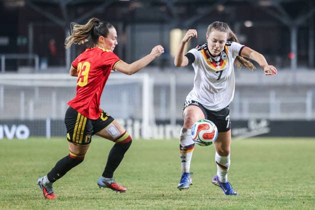 Soccer Women U23 international match Germany Belgium on 06 03 2026 at Lohrheidestadion in Bochum Gaelle Nierynck Belgium , left Mara Alber Germany , right DFB regulations prohibit any use of photographs as image sequences and or quasi video xJRx