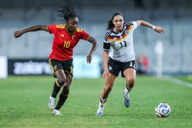 Soccer Women U23 international match Germany Belgium on 06 03 2026 at Lohrheidestadion in Bochum Veronique Zang Bikoula Belgium , left Lisa Baum Germany , right DFB regulations prohibit any use of photographs as image sequences and or quasi video xJRx