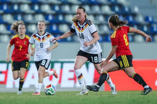 Soccer Women U23 international match Germany Belgium on 06 03 2026 at Lohrheidestadion in Bochum Luca Birkholz Germany , left Karlijn Helsen Belgium , right DFB regulations prohibit any use of photographs as image sequences and or quasi video xJRx