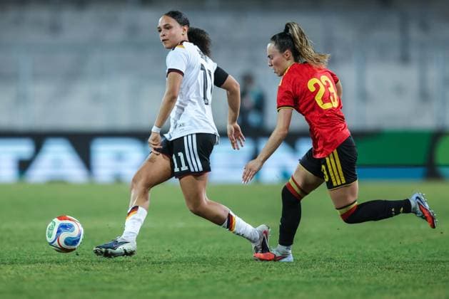 Soccer Women U23 international match Germany Belgium on 06 03 2026 at Lohrheidestadion in Bochum Lisa Baum Germany , left Gaelle Nierynck Belgium , right DFB regulations prohibit any use of photographs as image sequences and or quasi video xJRx