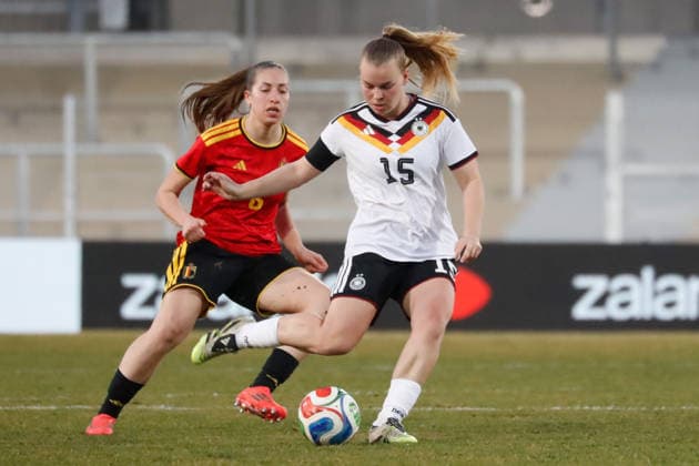 Wattenscheid, Germany 06 March 2026 Womens U23 international match 2025 2026 Germany v Belgium Pictured from left in a duel Lena Hubaut Belgium and Svea Stoldt Germany Lohrheidestadion Nordrhein Westfalen Copyright: xFotostandx xvanxderxVeldenx