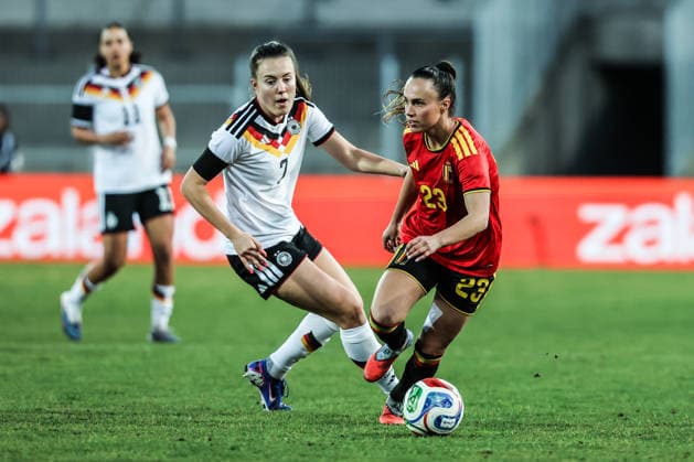 Sport, Football, U23 Womens National Team Season 2025 2026 International match Germany U23 Belgium U23 06 03 2026, Lohrheidestadion Mara Alber Germany, 7 Gaelle Nierynck Belgium, 23 Bochum Wattenscheid Lohrheidestadion Nordrhein Westfalen Germany
