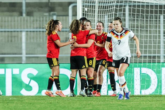 Sport, Football, U23 Womens National Team Season 2025 2026 International match Germany U23 Belgium U23 06 03 2026, Lohrheidestadion Goal celebration Belgium after the goal to equalize 1 1 Bochum Wattenscheid Lohrheidestadion Nordrhein Westfalen Germany