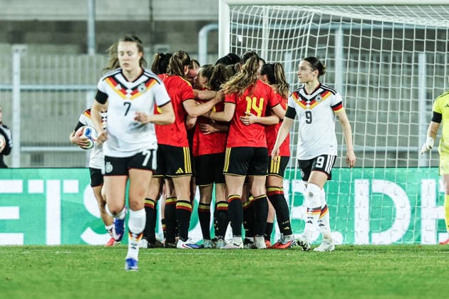Sport, Football, U23 Womens National Team Season 2025 2026 International match Germany U23 Belgium U23 06 03 2026, Lohrheidestadion Goal celebration Belgium after the goal to equalize 1 1 Bochum Wattenscheid Lohrheidestadion Nordrhein Westfalen Germany